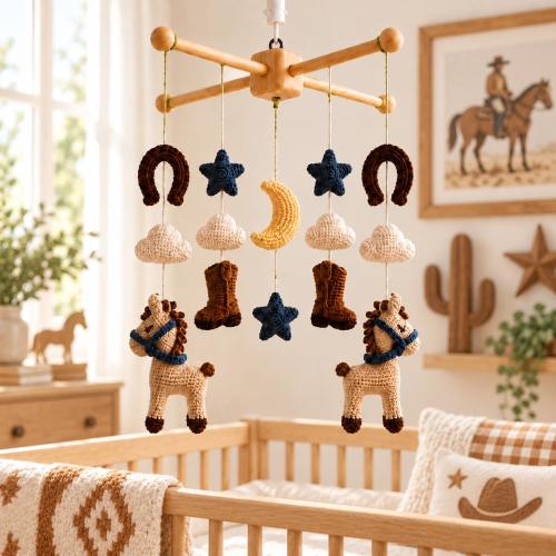 Crochet Cowboy Baby Mobile, Western Nursery Decor with Horses, Boots, Stars & Moon, Handmade Baby Shower Gift
