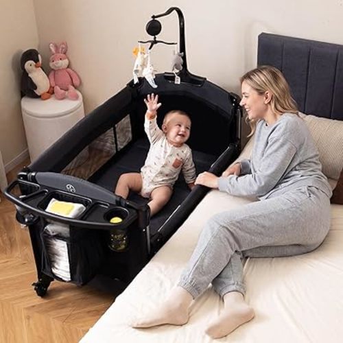 INFANS 4 in 1 Baby Bassinet, Converts Pack and Play to Portable Bedside Crib Sleeper with Diaper Changer, Mattress, Carry Bag, Music Box, Hanging Toys for Infants Toddlers (Black)