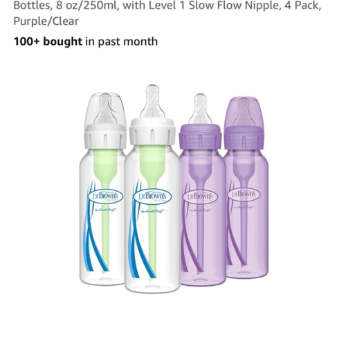 Dr. Brown’s Natural Flow® Anti-Colic Options+™ Narrow Baby Bottles, 8 oz/250ml, with Level 1 Slow Flow Nipple, 4 Pack, Purple/Clear