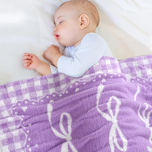 Purple Bow Baby Blanket – Knitted Throw with Elegant Bow Accent for Baby Girls, Nursery Bedding & Shower Presents – Soft & Cozy, 30x40 Inch