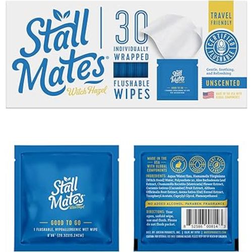 Stall Mates Wipes Witch Hazel: Flushable Wipes | Individually Wrapped | Travel Friendly | Soothing Witch Hazel | Unscented with Cucumber, Aloe and Chamomile | (30 on-the-go singles)