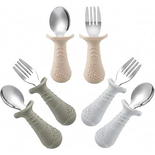 PandaEar Baby Toddler Fork and Spoon Utensil Set, 6 Pack Silicone Stainless Steel Silverware Spoon Fork for Babies Toddler, BPA Free with Silicone Holding Anti-Choke Design (Light Tan&Walnut&Grey)