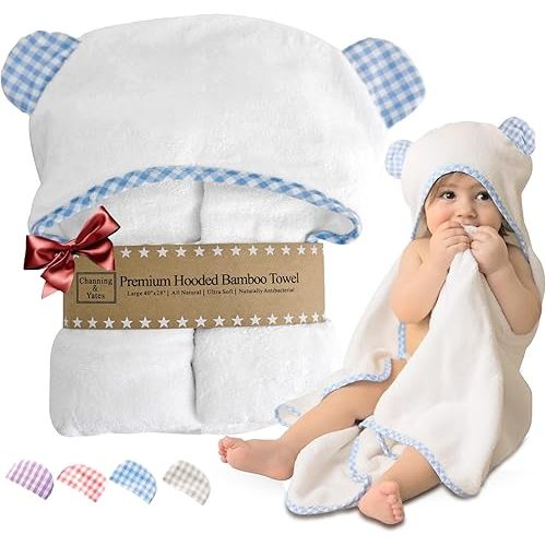 Channing & Yates Premium Boutique Organic Hooded Baby Towels and Washcloth Set - Softest Baby Towel with Hood - Baby Bath Towel for Newborn - Baby Boy Gift for Baby Shower (Blue)