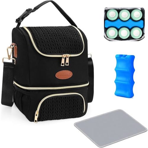 PIIOSER Breastmilk Cooler Bag with Ice Pack Fits 6 Baby Bottles Up to 9 Ounce, Insulated Baby Bottle Tote Bags, Double Layer Waterproof Leak-Proof with Shoulder Strap for Nursing &Working Mom