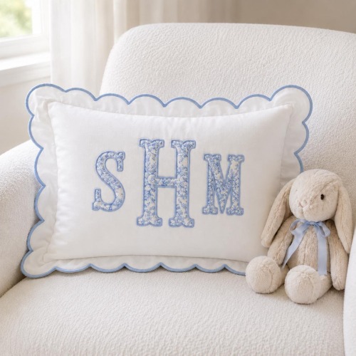 Personalized Monogram Pillow Cover, Custom Embroidered Initials Pillowcase, Blue Floral Nursery Pillow, Scalloped Decor
