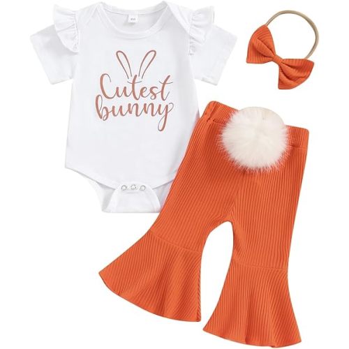 Kuriozud Newborn Baby Girl Bell Bottom Outfit Ruffle Romper Cute Bow Flare Pants Set Headband Cute Clothes