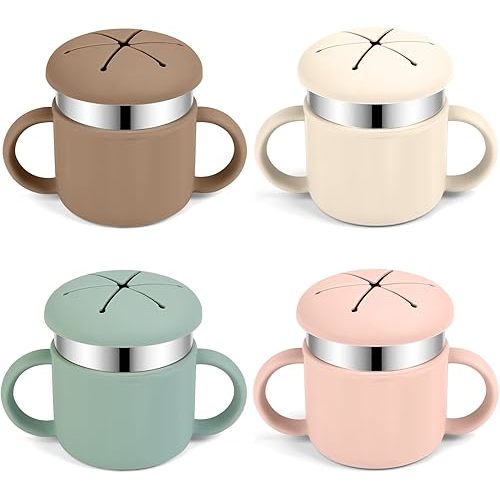 Stainless Steel Toddler Snack Cups, 7.4 Oz Spill-Proof Food Storage Baby Snacks Containers, 3 in 1 Kids Snack & Drinking Cup with Detachable Lid Sleeve and Handle (4 Colors)