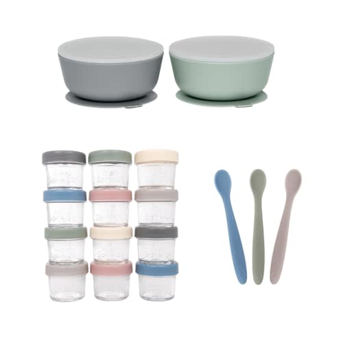 WeeSprout Baby Feeding Bundle - Glass Food Storage Jars - 2 Silicone Suction Bowls - 3 Soft-Tip Baby Spoons - Microwave & Dishwasher Safe - Infant to Toddler Mealtime Kit