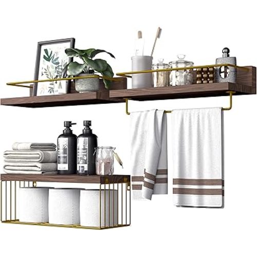Bathroom Shelves Over Toilet for Wall, Floating Shelves with Storage Basket Paper Holer for Kitchen Living Room, Bedroom & Classroom, Set of 3 (Brown and Gold)