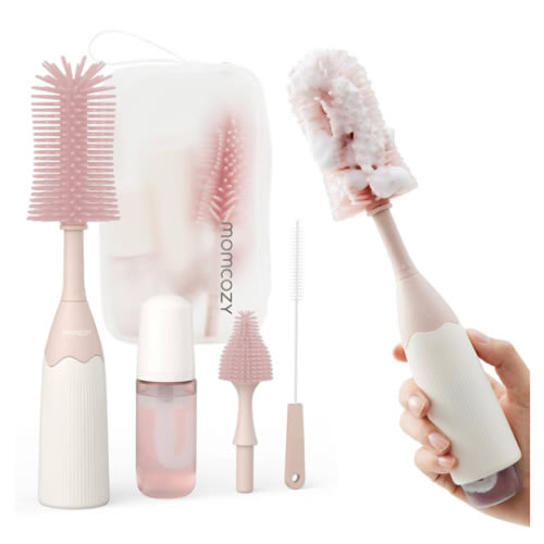 Momcozy Bottle Brush Kit, Innovative Push-Press Design for Better Cleaning - Baby Bottle Cleaner Brush for Baby Bottle, Breast Pumps, Nipples, and More - Can Generate Foam for Better Cleaning, Pink