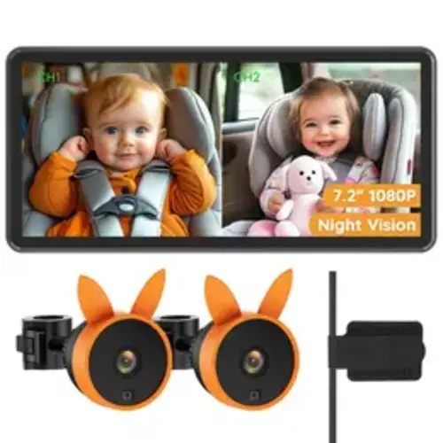 Babyvue Dual Baby Car Camera for 2 Kids - 7.2" 1080P HD Digital Camera Monitor, Night Vision, Brightness Adjustment, Easy Installation, Rear-Facing View, Cable Clips for Parents, TikTokShopBacktoSchool,car accessories - TikTok Shop