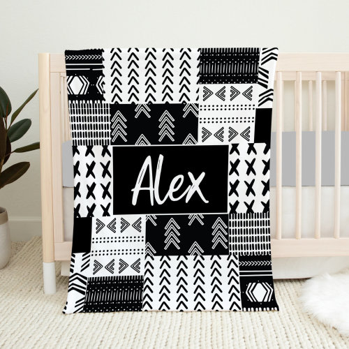 Personalized Black And White Baby Blanket, Gender Neutral Baby Blanket, Baby Boy Blanket, Black And White Crib Bedding, Name Blanket, Boho