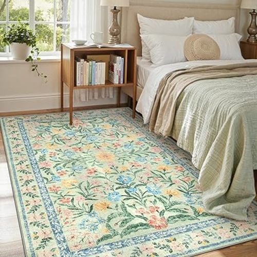 Lahome Sylvie Washable Green Rug, 5x7 Whimsical Floral Rug for Nursery, Boho Cute Bedroom Carpet for Playroom Baby Girl Nursery Classroom Decor, Green/Multi