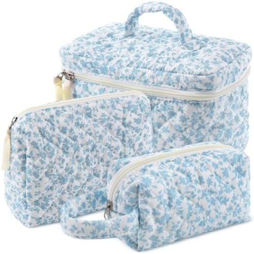 Paterr 3 Pieces Cotton Quilted Makeup Bag Set Coquette Cosmetic Bag Aesthetic Travel Toiletry pouch Cute Pouch Kawaii Aesthetic for Women(Blue,Floral)
