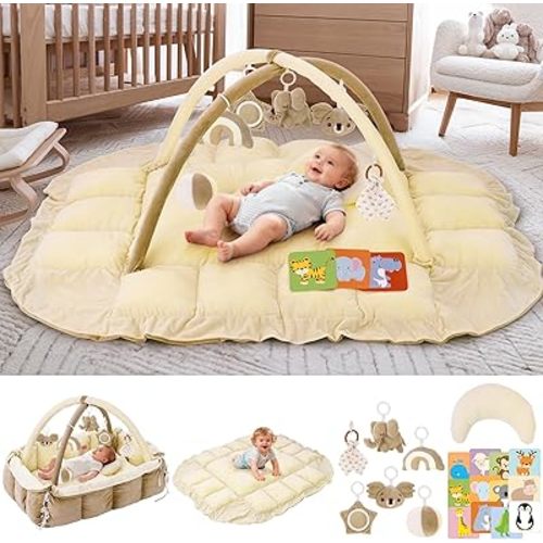 5-in-1 Baby Play Gym and Tummy Time Mat, Tummy Time Pillow & 12 Learning Cards, Plush Activity Mat with 6 Toys, Baby Gym, Convertible to Ball Pit & Pet Bed, Cream