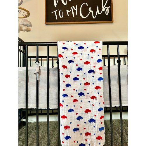 Baby Muslin Swaddle Blanket Red and Blue Buffalos and Hearts