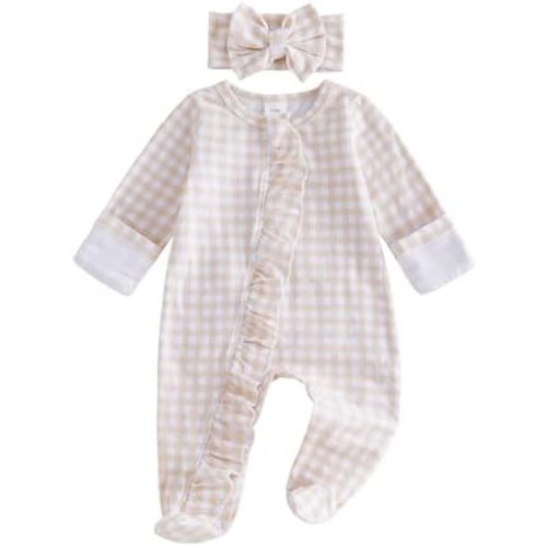 Fanvereka Newborn Infant Baby Girl Fall Outfit Romper 3 6 12 Months Girls Long Sleeve Full Length Zipper Footie Headband