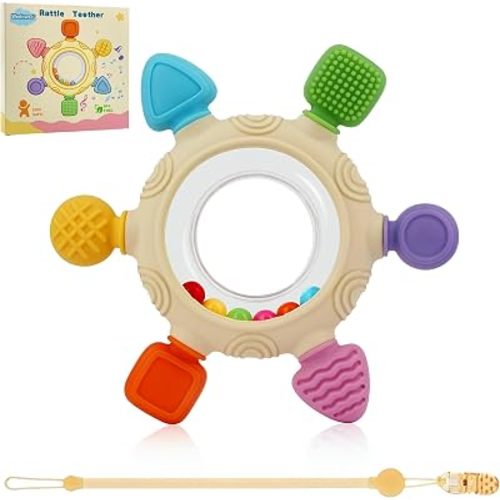 Baby Teething Toys for 0-12 Months- Silicone Rudder Teether Toy with Rattle Rings - BPA Free Sesory Montessori Toy for Soothing Sore Gums & Pain Relief - Easy to Clean Baby Shower Essentials Xmas Gift