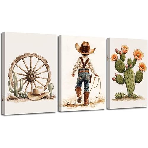 XLMDYYSW Western Cowboy Wall Art Set of 3 Nursery Canvas Prints Cactus Desert Poster Picture Cowboy Hats Paintings for Baby Boys Bedroom Children Decor Framed (Green, 12.00" x 16.00" x 3PCS)