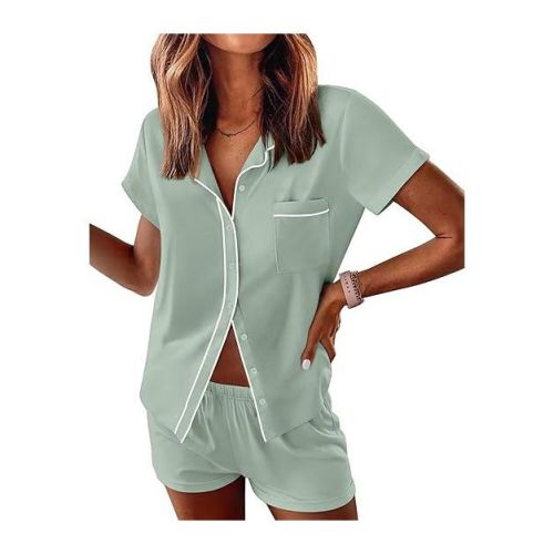Ekouaer Womens Pajama Sets Button Down Lounge Set 2 Piece Loungewear Soft Sleepwear Short Sleeve Pjs with Pockets&nbsp;Green&nbsp;L