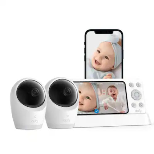 eufy - Baby Monitor E21 with 2 4K UHD Cameras, 5'' 720p Display, 8× Zoom, Portable Camera with Built-in Battery - White