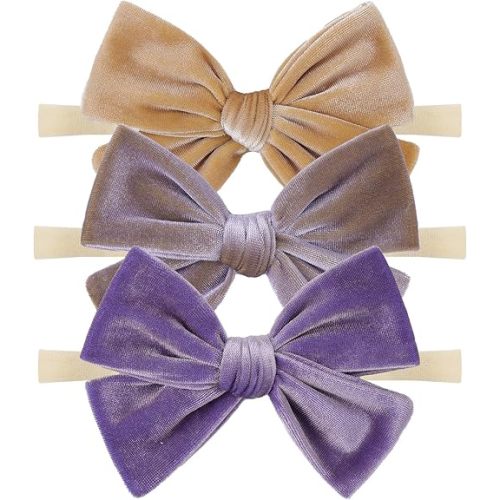 4'' Baby Velvet Gloss Bows Handmade Headbands Tied Bow Elastic Nylon Hair Accessories for Baby Girls Newborn Infant 3 Pcs Purple Turmeric Brown