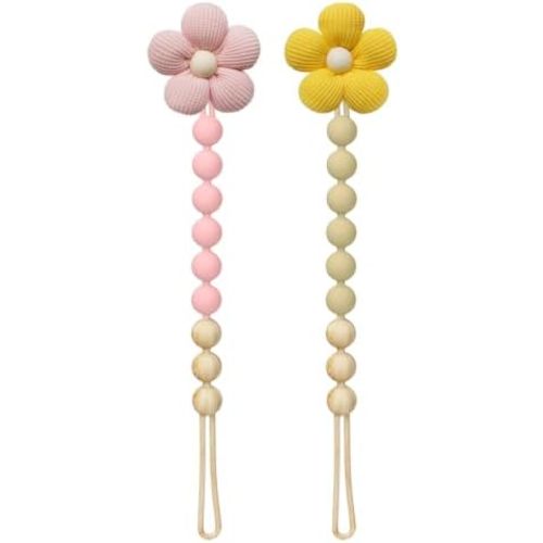2Pcs Flower Pacifier Clip, 100% Food-Grade Silicone Pacifier Clip with Soft Fabric Daisy, Secure One-Piece Design, Easy to Clean, Baby Shower Gift for Girls Boys