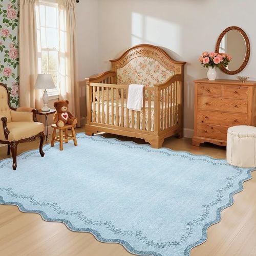 GarveeHome 4x6 Blue Scalloped Washable Area Rug for Girls Bedroom, Solid Floral Soft Nursery Rug Non Slip Low Pile Small Carpet Stain Resistant Throw Rug for Dorm Kids Room Office Dining