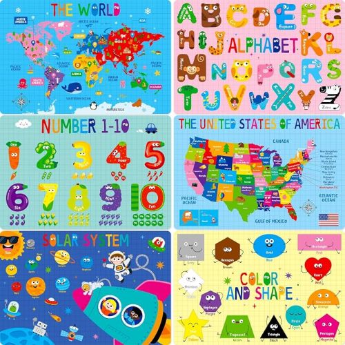 6 Pack Placemats for Kids, Non-Slip Washable, Reusable Alphabet, Number, Shape & Color, Universe, Map Themed Educational Placemats for Home, Kindergarten, Classroom, Nursery