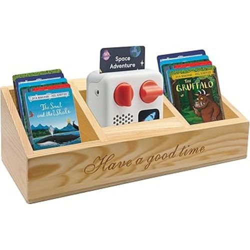 Wooden Holder Compatible with Yoto Mini Player (2024 Edition) and Yoto Cards,Wood Storage Box with 3 Compartments for Display Kids Bluetooth Audio Speaker,Kids Audio Cards