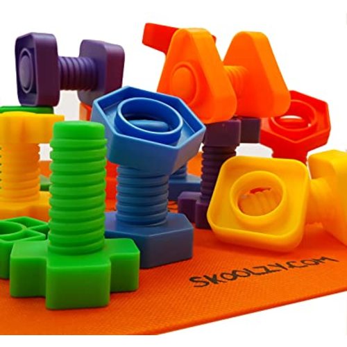 Skoolzy Nuts and Bolts Fine Motor Skills - Occupational Therapy Toddler Toys - Montessori Building Construction Kids Matching Game for Preschoolers - Jumbo 24 pc Set with Backpack & Activity Download - Nuts and Bolts (25pc)