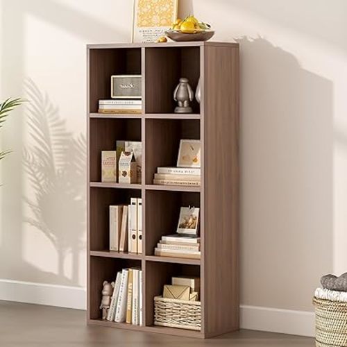 8-Cube Storage Shelf Bookcase - Wooden 4-Tier Floor Standing Open Bookshelf for Home and Office, Cuby Orgainzer, Walnut