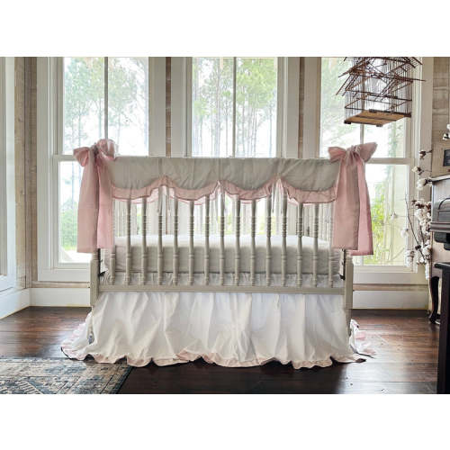 White & Baby Pink Ruffled Crib Rail Cover, Skirt & Bow Set