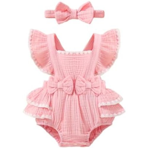 Baby Girl Summer Clothes Ruffle Sleeve Cotton Linen Romper Dress Infant Girls Lace Trim Jumpsuit with Headband