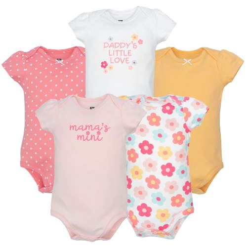 Hudson Baby Infant Girls Cotton Bodysuits 5-Pack, Cheerful Floral Mini, Newborn
