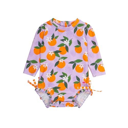RuffleButts Baby Girls UPF 50+ Sun Protection Floral Printed Long Sleeve One Piece Rash Guard Swimsuit with Zipper