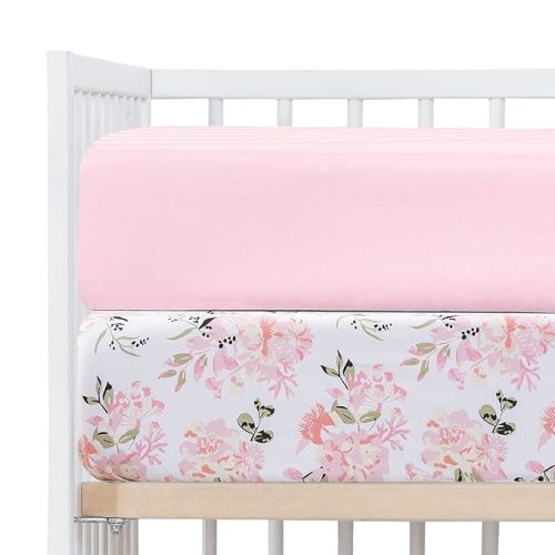 Crib Sheets Girl 2 Pack Set, 2 Pack Toddler Bed Sheets Set, Floral Print Fitted Crib Sheet for Standard Crib & Toddler Mattress, Size 28 x 52 inches, Pink N Floral
