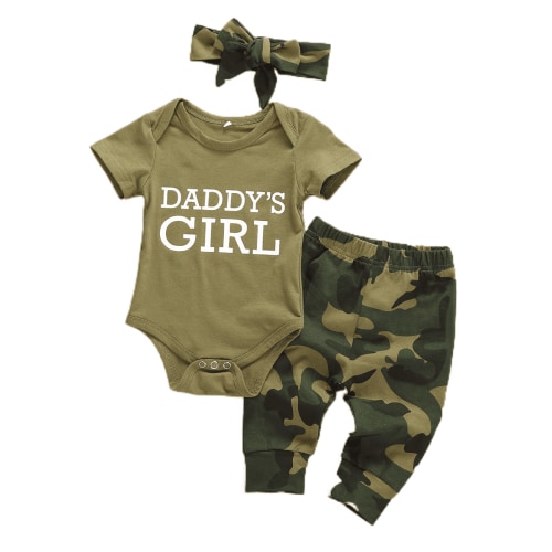 jaweiw Newborn Baby Girl Clothes Daddy Sayings Top Printed Bodysuits Camouflage Pants+Hats Romper Outfit Set