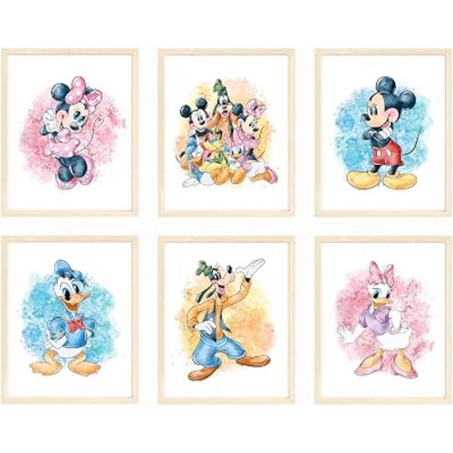 Nistio® Mickey Mouse and Friends Watercolor Prints, Mickey Mouse Wall Art Decor, Minnie Mouse Wall Prints, Set of 7, Donald Duck, Goofy, Pluto, Daisy Duck, 8x10 inches (Unframed)