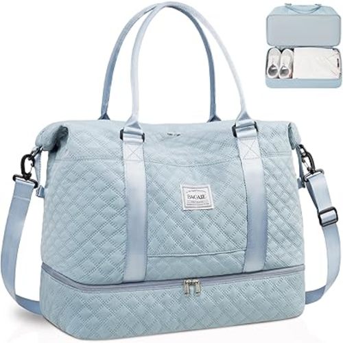 BAGAIL Travel Duffel Bag, Weekender Bags for Women, Overnight Gym Carry On Tote Bag with Wet Pocket, Hospital Mom Bag for Labor and Delivery - Extra Large, Grid-Light Blue