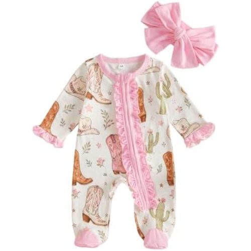 Newborn Baby Girl Western Clothes Cowgirl Jumpsuit Footie Romper