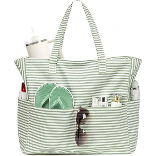LEDAOU Large Beach Bag Women Waterproof Sandproof Zipper Beach Tote Pool Bag for Swim Gym Grocery Travel with Wet Pocket