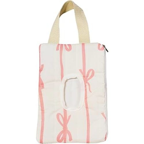 Reusable Bow Baby Wipes Dispenser - Portable Wet Tissue Storage Bag for Travel, Refillable Diaper Wipe Holder for Car and Stroller –Hanging Wet Wipe Pouch（Pink-White）