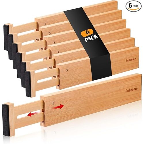 Fabsome Drawer Divider 6 Pack, Bamboo Dresser Organizers for Clothes Socks Underwear Baby Clothing, Wooden Separators for Nursery Organization Adjustable from 12.5'' to 17'' with Soft Foam Ends