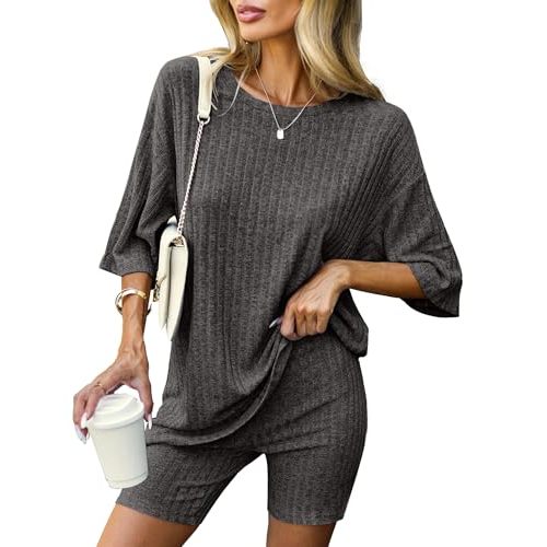 Ekouaer Women 2 Piece Lounge Sets Ribbed Knit Oversized Shirt Biker Shorts | Loose Top and Bodycon Shorts Set,Summer Outfits, Plus Size Maternity Loungewear,Postpartum Sleepwear，Airport Travel Clothes