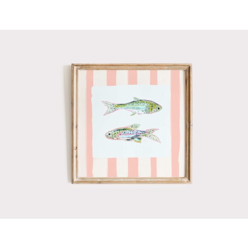 Pink Striped Fish Art Print: Coastal Cottage Kids Room Decor