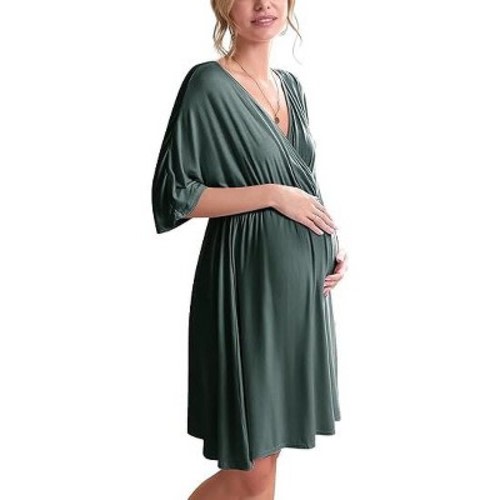 Ekouaer 3 in 1 Labor/Delivery/Hospital Gown Maternity Dress Nursing Nightgown Sleepwear for Breastfeeding Dark Green L