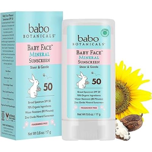 Babo Botanicals Sensitive Baby Mineral Sunscreen Stick SPF 50-70% Organic Ingredients - Zinc Oxide - NSF & Made Safe Certified - EWG Verified - Water Resistant - Fragrance-Free - for Babies & Kids