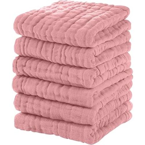 Muslin Baby Washcloths 6 Pack, 100% Cotton Wash Cloths for Babies, Large 12''X12'' Burp Cloths Absorbent and Soft for Newborn Infants Kids Boys Girls - Bean Paste