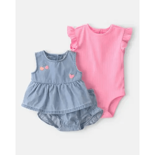 Baby Girl 3-Piece Cherry Chambray Sleeveless Top, Bodysuit & Short Set - Pink/Blue | Carter's